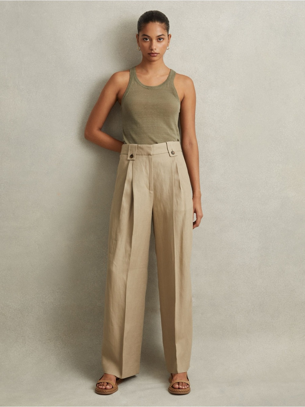 Linen Front Pleat Trousers in Light Khaki